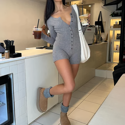Zacht & Comfortabel - Grijze stretch korte jumpsuit